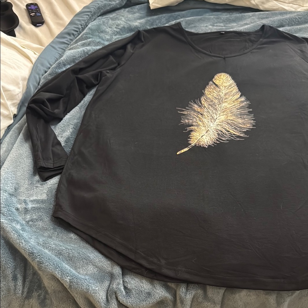 Black Long Sleeve Top with Feather Design
